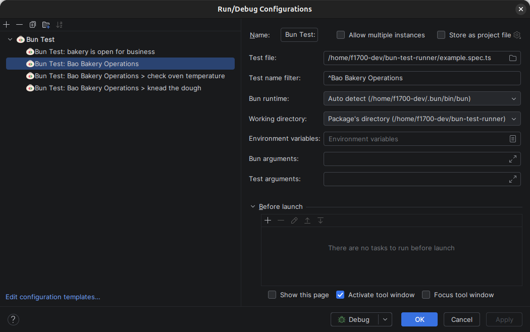 Advanced Run/Debug configurations for Bun Test Runner