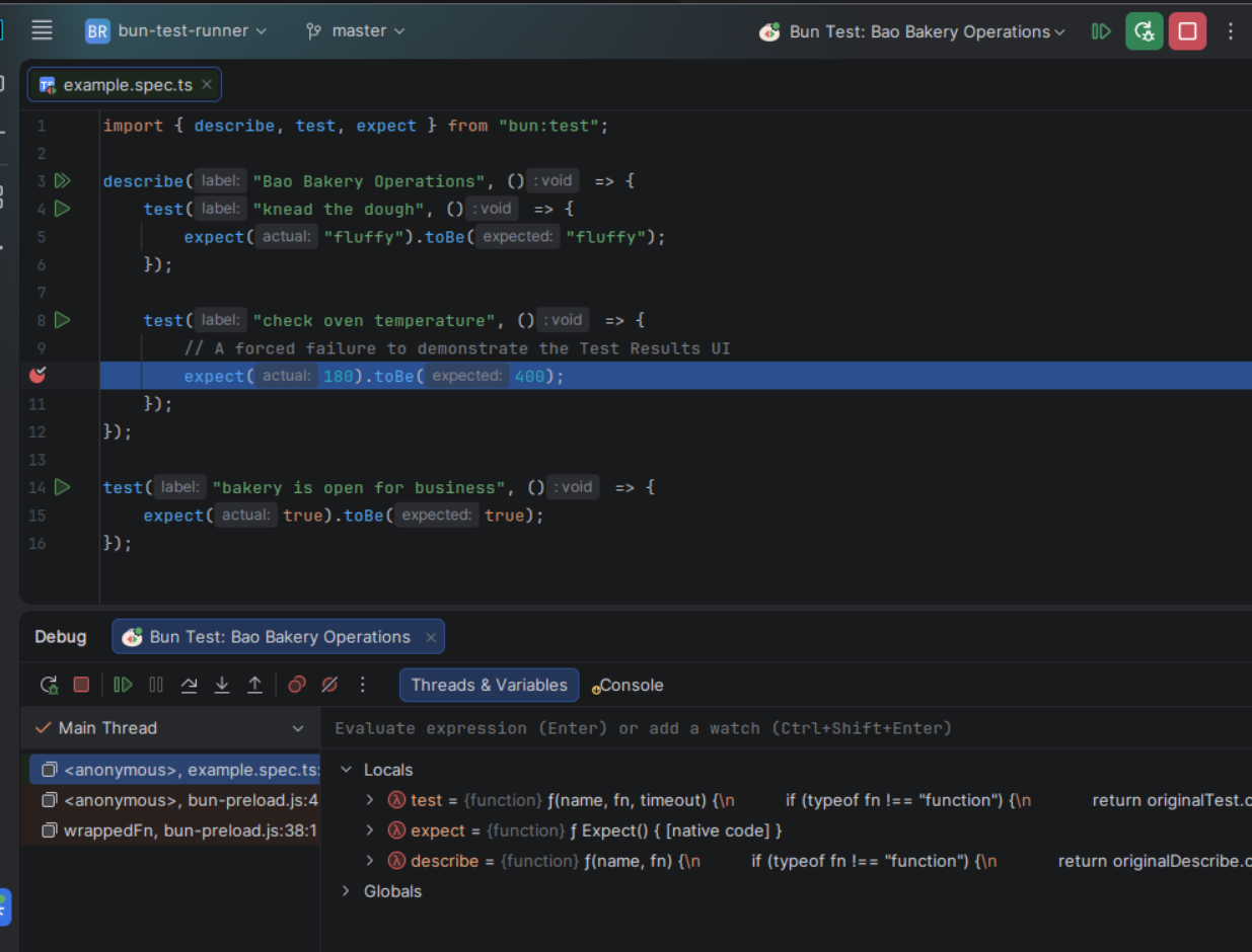 Real-time debugging and expression evaluation for Bun tests
