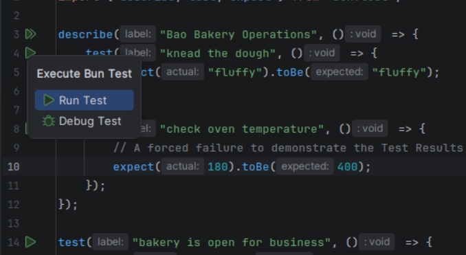 Gutter icons for instant test execution and debugging