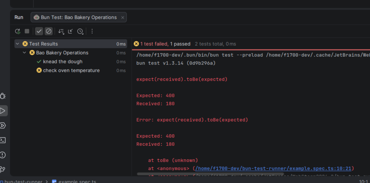 Bun Test Runner Native Test Results UI inside JetBrains IDE